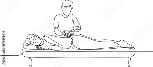 Single continuous line drawing woman patient lying on massage table therapist doing healing treatment massaging injured hand manual physical therapy rehabilitation concept. one line Icon drawing