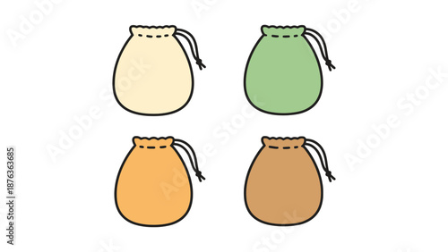 Four drawstring pouches in different colors are arranged in a grid.