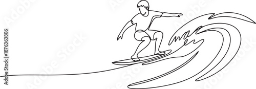 Single continuous line drawing young professional surfer in action riding the waves on blue ocean. Extreme watersport concept. Summer vacation. one line Icon drawing