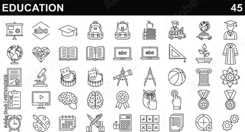 Comprehensive Set of Forty Five Education Line Icons Featuring School Supplies Academic Graduation Symbols Science Research and University Learning Elements for Professional Graphic Design
