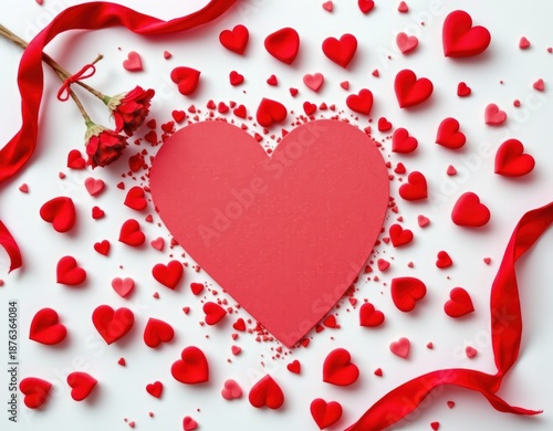 Elegant Valentine's Day Flat Lay with Red Hearts, Ribbon, and Flowers on White Background for Romantic Greetings and Celebrations
