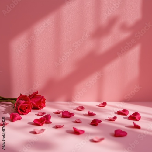 Minimalist Valentine's Day Still Life: Pink Roses and Petals with Soft Lighting for Romantic Product Photography and Copy Space.