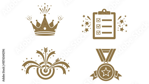 Icons of achievement: crown, checklist, target, and medal symbolizing success and goal accomplishment