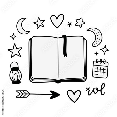 Open Diary and Celestial Dreams: An open diary surrounded by celestial elements symbolizes writing goals, expressing emotions, and documenting memories. 