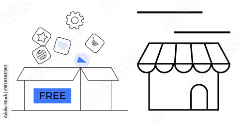 Open box labeled FREE with app icons including cart, play button, and gear. Nearby, a storefront illustration. Ideal for retail, e-commerce, marketplaces, customer outreach promotions innovation