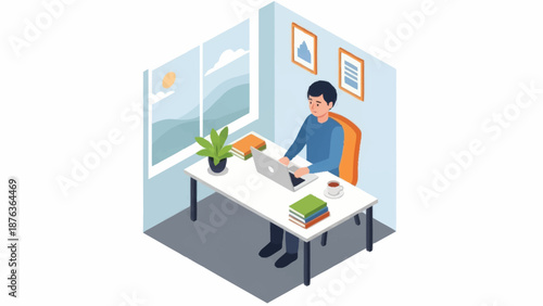 Man working on laptop at office desk with books and plants.
