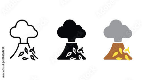 Three icons depict a volcano erupting with ash and debris.