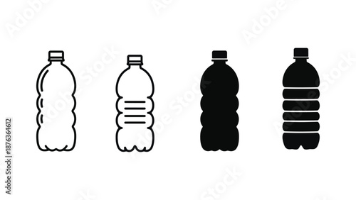 Four plastic water bottles are shown in outline and silhouette.
