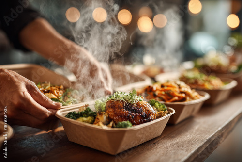 Restaurant food delivery. An employee's hands pack hot food into a cardboard box. Home food delivery concept.