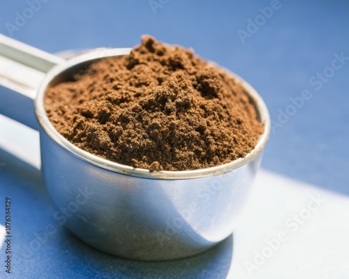 Close up macro view of freshly ground coffee powder filling a metal measuring scoop, ready for brewing a perfect morning cup.