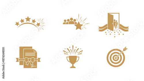 Modern business and success achievement icon set depicting star rating, recruitment, and contract symbols