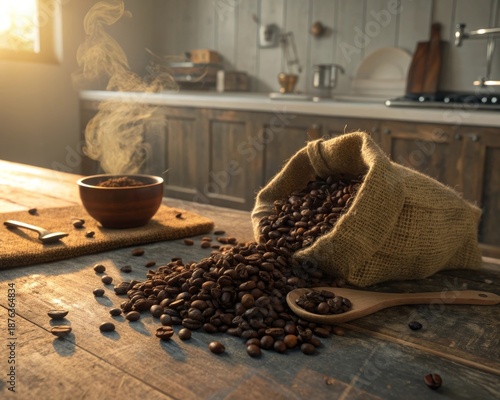Dark Roasted Coffee Beans Spill from Burlap Bag onto Rustic Wooden Table in a Warm Kitchen Setting