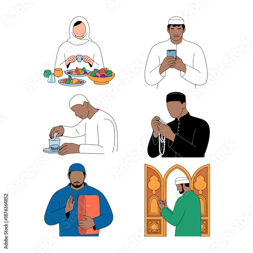 Muslim Lifestyle Moments: A collection of diverse illustrations showcasing moments from a daily life, embodying faith, culture, and community spirit.