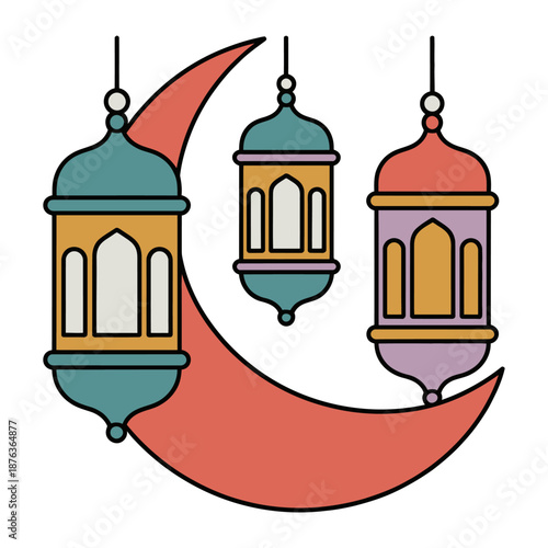 Islamic Lanterns and Crescent Moon: Three intricate lanterns hang gracefully before a vibrant crescent moon, celebrating the rich traditions and the warm glow of cultural illumination.