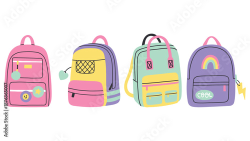 Four colorful backpacks are displayed against a white background.