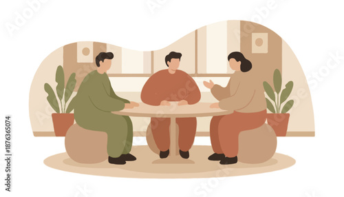 Flat 2D vector illustration of a startup team brainstorming session