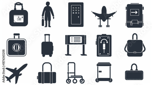 Airport security and check-in icon set, travel safety, passenger screening, customs control, aviation security measures