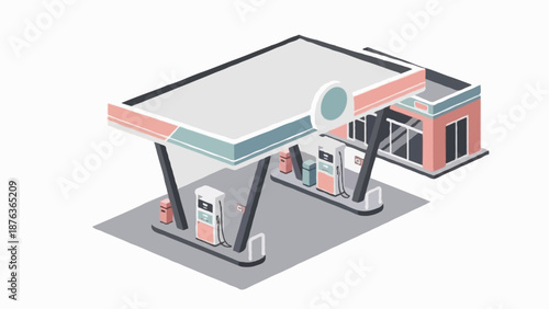 Flat vector illustration of an isometric fuel station viewed from a diagonal angle