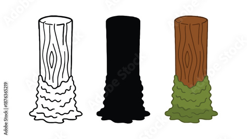 Three different styles of a moss-covered wooden post are shown.