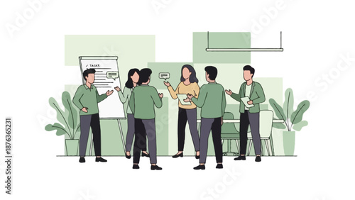 Flat 2D vector illustration of an agile stand-up meeting in a startup office