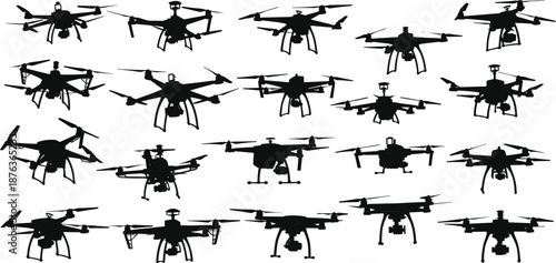 Large Vector Collection of Professional Drone Silhouettes and Quadcopter Models Featuring Aerial Photography Equipment for Modern Surveillance Technology Commercial Industry and Security