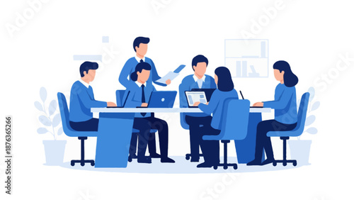 Flat 2D vector illustration of enterprise team collaboration in a corporate blue color palette