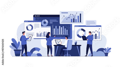 Flat 2D vector illustration of corporate data analysis and reporting