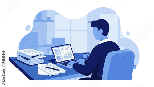 Flat 2D vector illustration of a professional corporate desk workspace in blue tones