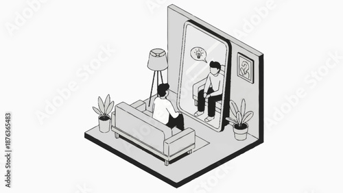 Isometric illustration of a man sitting on a couch in a living room.