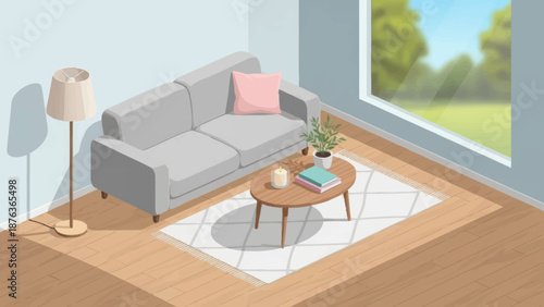 Cozy living room with gray sofa and wooden coffee table.