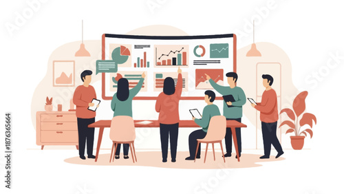 Flat 2D vector illustration of startup pitch deck preparation in a modern office