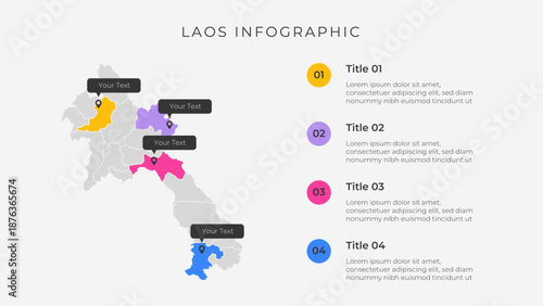 Laos map infographic template with 4 options. Laos administrative map infographic for presentation.