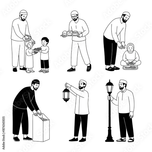 Muslim Man's Daily Life: Illustrations of a Muslim man engaged in daily activities, depicting moments of prayer, acts of service, and contemplation, rendered in clean lines and simplicity.