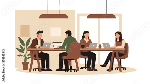Flat 2D vector illustration of a collaborative startup workspace