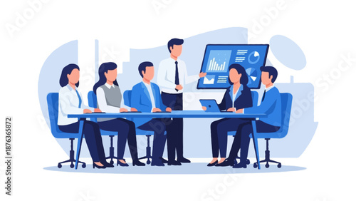Flat 2D vector illustration of an enterprise client meeting in corporate blue tones