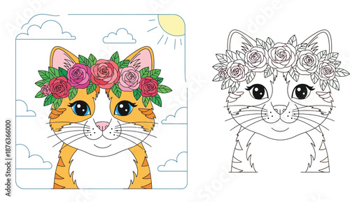 Cute ginger cat portrait with flower crown. Coloring book page for kids with colored example and black and white outline vector illustration.