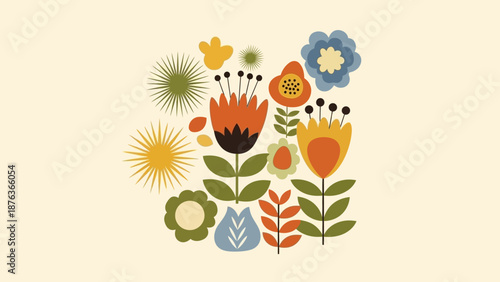 Scandinavian Folk Art Style Floral Arrangement on a Cream Background