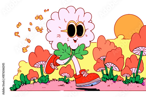 Playful Cartoon Character Skateboarding in a Blooming Meadow