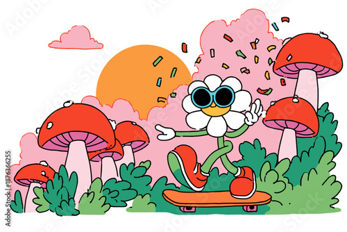 Playful Cartoon Character Skateboarding in a Blooming Meadow