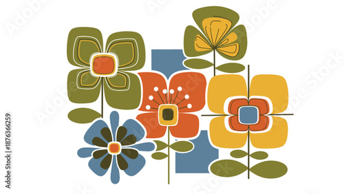 Retro Mid Century Modern Floral Pattern with Stylized Orange Green and Blue Flowers on Isolated White Background