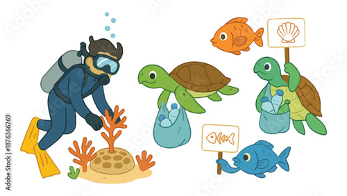 A diver cleans the ocean while sea creatures collect plastic waste.