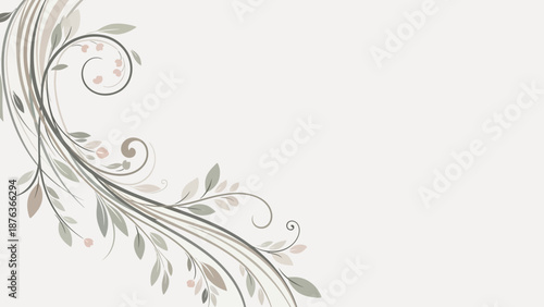 Elegant Vintage Floral Swirl Design with Brown Vines and Green Leaves on a Light Beige Background
