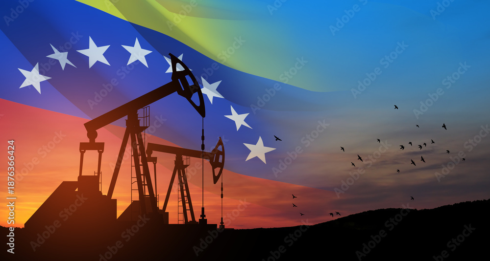 Fototapeta premium The change in oil prices. Oil price cap concept. Oil drilling derricks at desert oilfield with Venezuela flag. Crude oil production from the ground. Petroleum production.