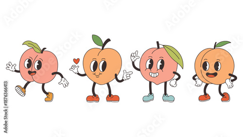 Four cartoon peaches with arms and legs dancing and waving.
