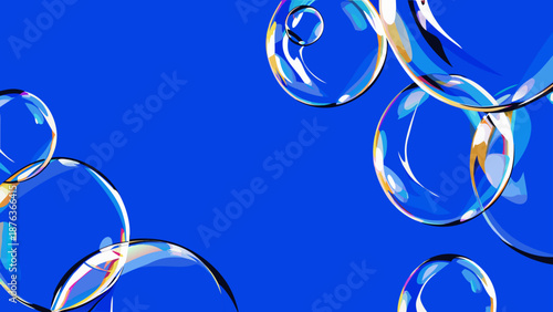 Ethereal inspired flat vector artwork featuring transparent bubbles floating on a vibrant blue background with rainbow reflections with abstract