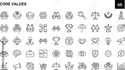 Complete Vector Icon Set of Business Core Values Featuring Professional Symbols for Teamwork Leadership Ethics Success Growth and Corporate Identity Branding