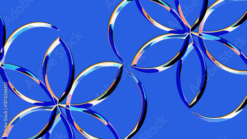 Vibrant abstract motion illustration with swirling flower like shapes in shades of blue and rainbow hues on a solid background with dynamic and graphic