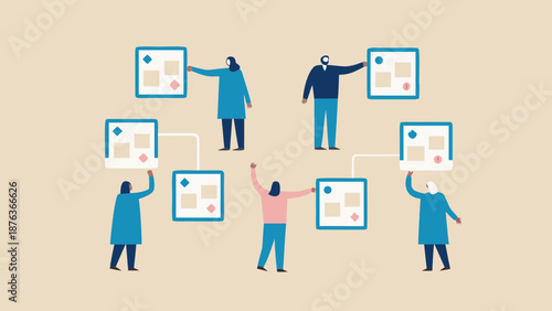Flat vector illustration of people interacting with screens and devices, teamwork