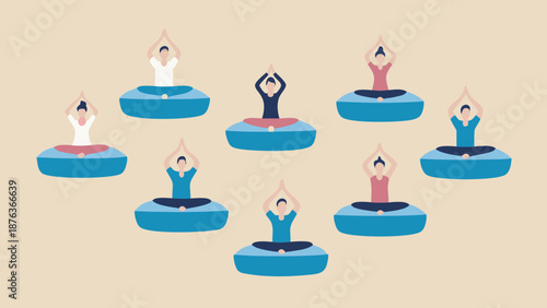Flat vector illustration of diverse people practicing yoga meditation in various poses on blue