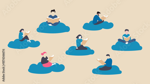 Flat vector illustration of diverse individuals reading books while sitting on floating clouds